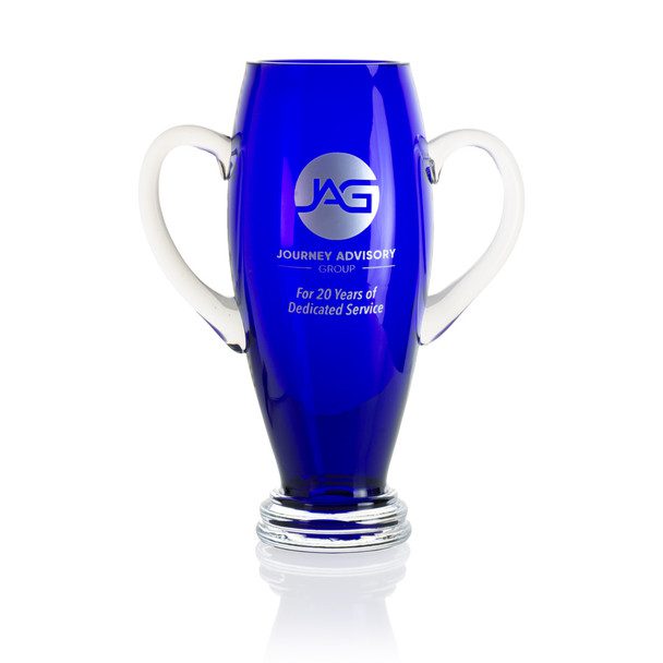 帶把手的鈷水晶足狀獎杯花瓶 Cobalt Crystalline Footed Trophy Vase with Handles